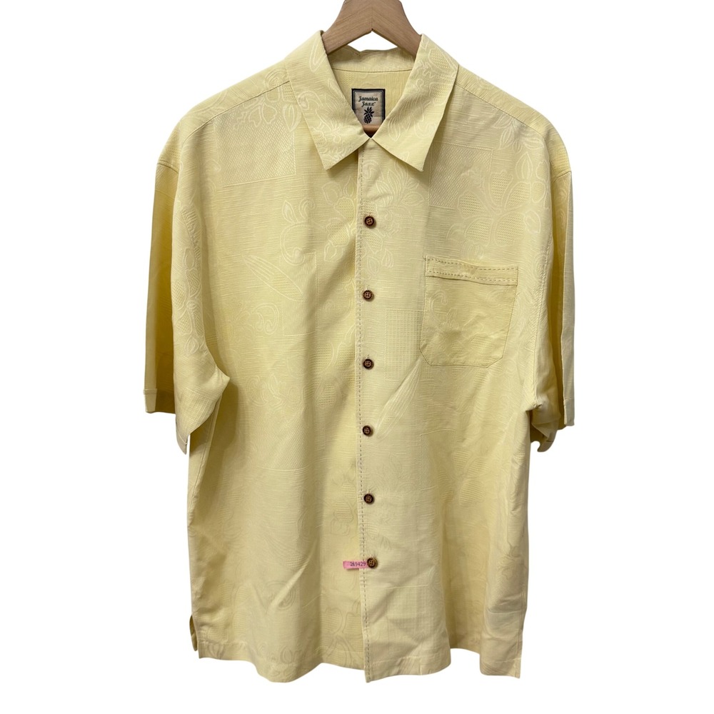 Jamaica Jaxx Silk Camp Shirt Large Yellow Jacquard‎ Floral Pineapple Button Up
